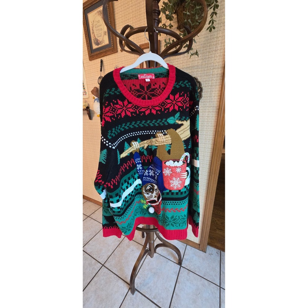 Jollidays Sloth Ugly Christmas Sweater Fair Isle Knit Red Green Black 3XB